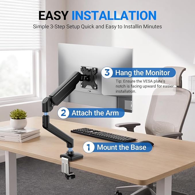 GRIFEMA Gas Spring Monitor Mount for 13-32", Single Monitor Arm | Full Motion 360 Rotate Swivel Tilt, Up to 19.8 Lbs, VESA 75/100mm, Easy Install, Monitor Stand for Home Office Gaming - Image 6