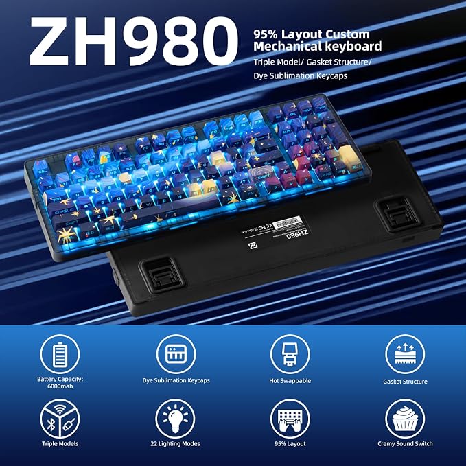 ZORNHER ZH980 Mechanical Keyboard,95% Blue Creamy Keyboard with Number Pad,Van Gogh's Starry Night Dye Sublimation PBT Keycaps,Creamy Sounding Linear Switches,Hot-Swappable,RGB Backlit - Image 2
