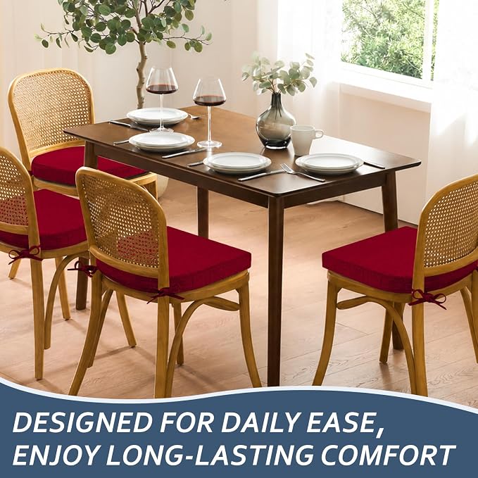 Basic Beyond Chair Cushions for Dining Chairs with Ties and Removable Cover, 2" Thick Seat Cushions for Kitchen Chairs, Set of 6, 17" x 16", Red - Image 8