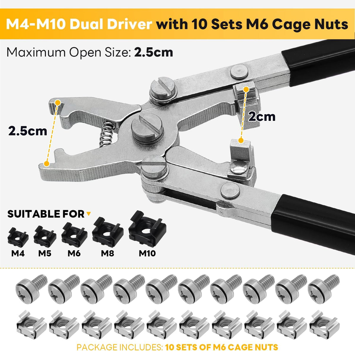 Rotable Dual Head Cage Nut Tool Kit with 10 Sets M6 Silver Rack Mount Screws - Screw Install and Remove Tool for M4 M5 M6 M8 M10 - Screw Tool Kit for Server Rack, Network Cabinet, Data Center(Black) - Image 3