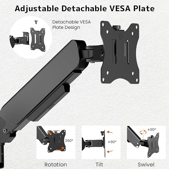 Dual Monitor Wall Mount for 17-32 inch Flat/Curved Computer Screens | Aviation-Grade Aluminum Gas Spring, Full Motion, Holds Up to 19.8lbs per Arm, VESA 75/100 mm, Black - Image 4