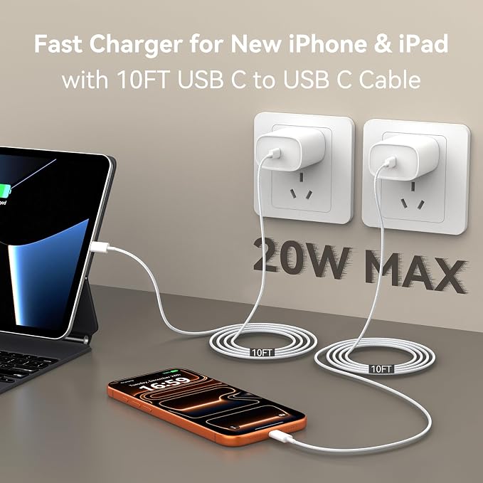 Phone 17 16 15 Charger Fast Charging,10 FT Long Braided USB C Charger Cord with 20W Type C Fast Phone Charging Block forPhone 17/17 Pro/17 Pro max/Air/Phone 16 15 Pro Max Plus, iPad,Android,Gray-White - Image 4