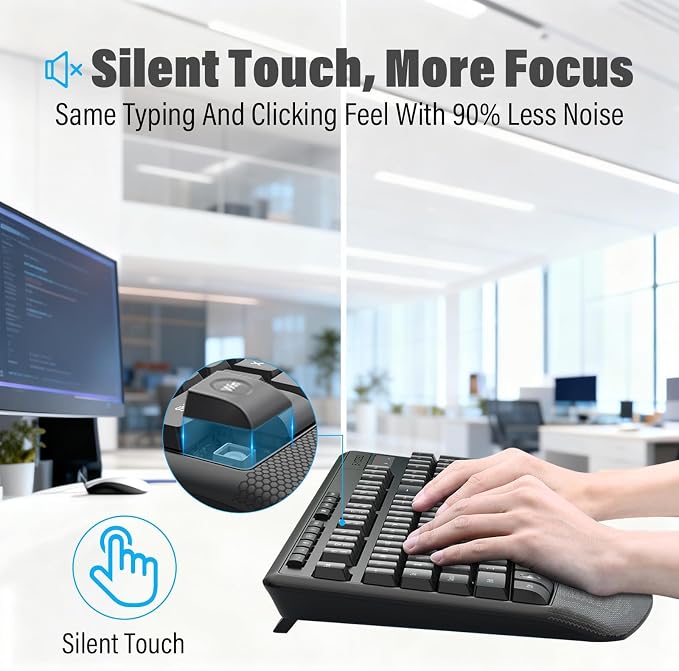 Wireless Keyboard and Mouse Combo,Soft Touch Quiet Keyboard Less Noise 90% | Ergonomic With Wrist Rest,2.4GHz 104 Keys Full Size,2400 DPI Mouse,For Office/Work/Home/PC Computer/Laptop,Black - Image 3