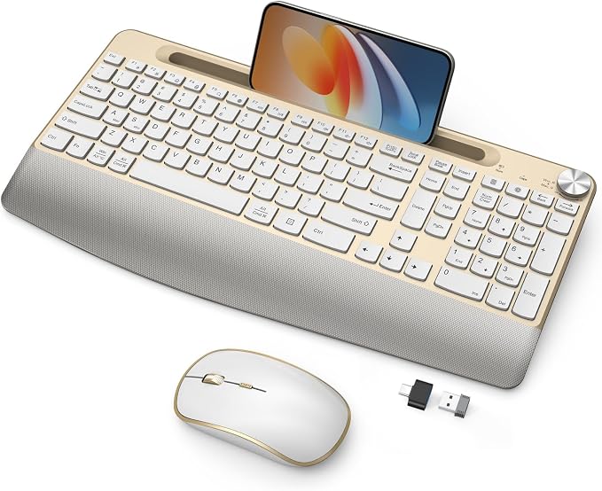 JOYACCESS Ergonomic Wireless Keyboard and Mouse Combo, Full-Sized Keyboard with Wrist Rest and Tablet Holder, Volume Roller for Computer PC Laptop-Gold&White by JOYACCESS