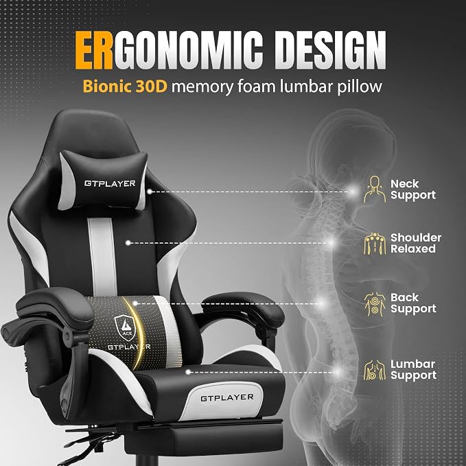 GTPLAYER Gaming Chair with Pocket Spring Cushion, Leather Office Chair with Ergonomic High Back & Lumbar Support for Back Pain Relief, Computer Game Chair for Adults, White/Black - Image 5