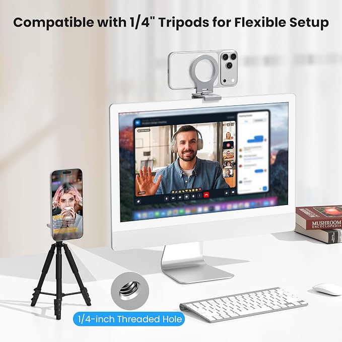 Itramax 360° Continuity Camera iPhone Webcam Mount for iMac&Desktop Monitor | Magnetic PC Phone Webcam Holder Stand,Metal Rings,for MagSafe iPhone 17 16 15 14 13 12 11 XR XS,Apple TV,Studio Display,Gray - Image 6