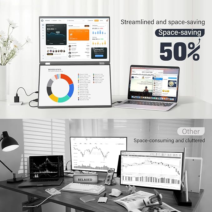 InnoView 18.5" Dual Portable Monitor 100Hz 2K 2560x1600P 100% sRGB Foldable & Stackable Design with 315° Screen Adjustment | DP/USB-C/HDMI, Second Monitor for Laptop, Mac, Windows - Image 4