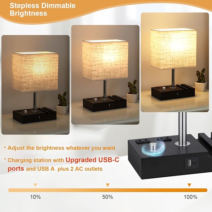 Beige Table Lamp for Bedroom - Stepless Dimmable, USB C+A, 2 AC Outlets | Dimming By Rotary Knob, USB C+A Ports, 2 Phone Stands, LED Bulbs Included, Rectangle Beige Lampshade, for Living Room, Desk - Image 3