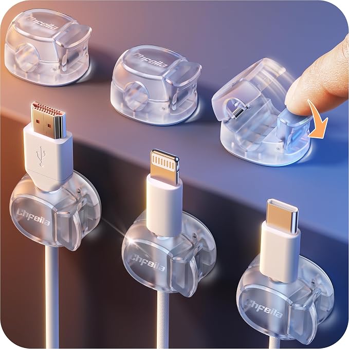 Chfeila 6 Pack Cable Clips, Dorm Room Essentials - Dual Spring Cord Organizer for Cubicle Decor, Cute Desk Organizers and Accessories, Teen Dorm Room Decor, Cubicle Accessories, Nightstand,Clear White by Chfeila