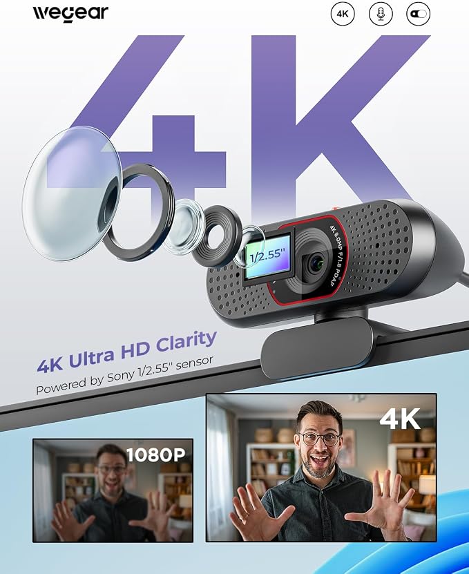 wegear 4K Webcam for PC, USB-A Computer Camera with Sony 1/2.55'' Sensor, 4K@30FPS & 1080P@60FPS, PDAF Autofocus, Dual Noise-Canceling Mics, Privacy Cover, 73° FOV for Meetings, Streaming & Gaming - Image 2