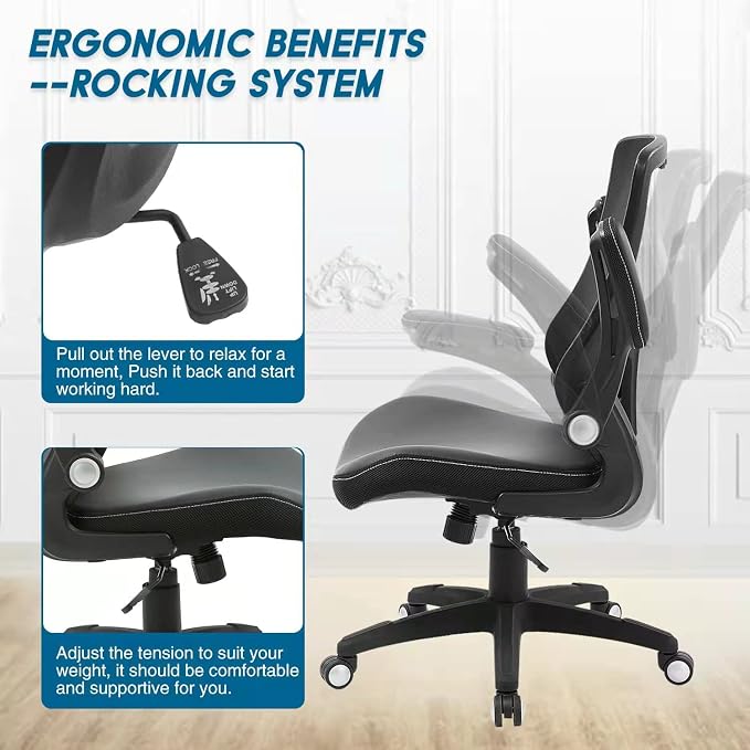 Office Chair Ergonomic Desk Chair, Computer PU Leather Home Office Chair, Swivel Mesh Back Adjustable Lumbar Support Flip-up Arms Executive Task Chair - Image 8
