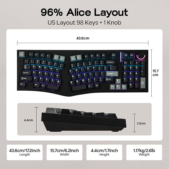 MechLands Feker Alice98 Ergonomic 98 Keys Custom Mechanical Keyboard | VIA Programmable, USB-C Wired Gaming Keyboard, Hot Swappable, 5 Layer Paddings, Control Knob, NKRO, RGB for Win/Mac (Black) - Image 4