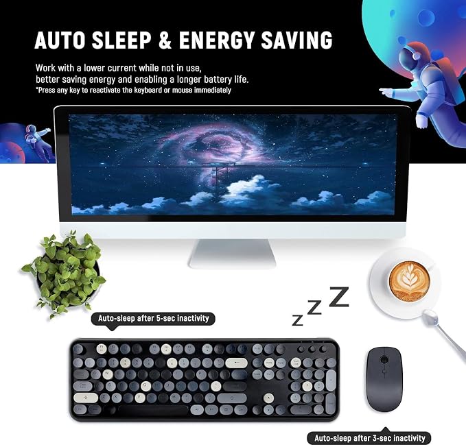 Clicky Wireless Keyboard and Mouse Combo,Retro Typewriter Style,Black Gray | Bubble Round Keys,Dark Grey Floating Keys for Long Nails,2.4GHz USB Receiver,Full Size with Number Pad for PC Laptop Desktop - Image 5