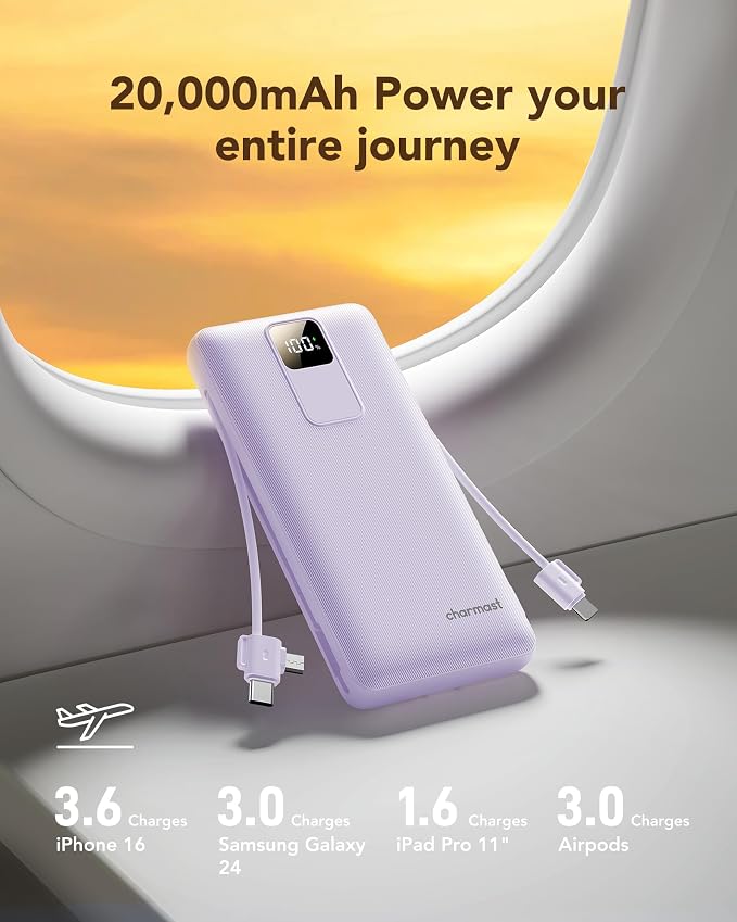 charmast 20000mAh Portable Charger with Built-in Cables and AC Wall Plug | 20W Fast Charging Power Bank, Power 3 Devices at Once, Family Travel Essential Battery Pack for iPhone, Samsung, Android - Image 5