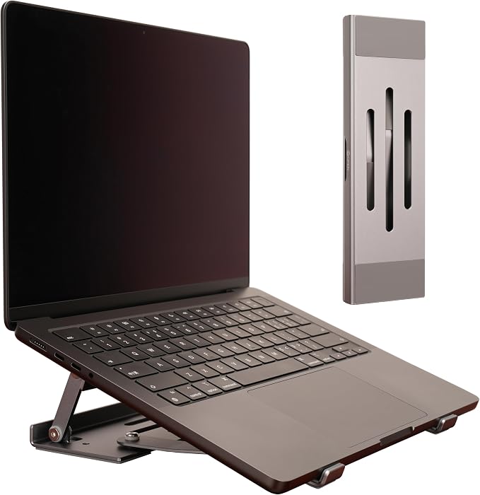Aluminum Fold & Laptop Riser Stand 3-in-1 Adjustable, Foldable Cooling Stand with Integrated Storage Box, Ruler and Ultra-Slim Portable Design for MacBook, Tablet, Ipad, Keyboard and All Laptop by Psitek