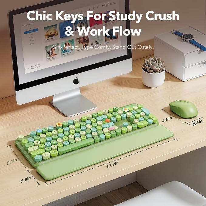 Wireless Keyboard and Mouse Combo, Cute Retro Typewriter Keyboard with Round Keycaps and Magnetic Wrist Rest, Full-Size 2.4GHz Cordless for Mac, Windows PC, Laptop, SABLUTE CK23, Green Multi-Color | Full-Size Typewriter-Style Keyboard, Tilt Legs, 2.4GH... - Image 8