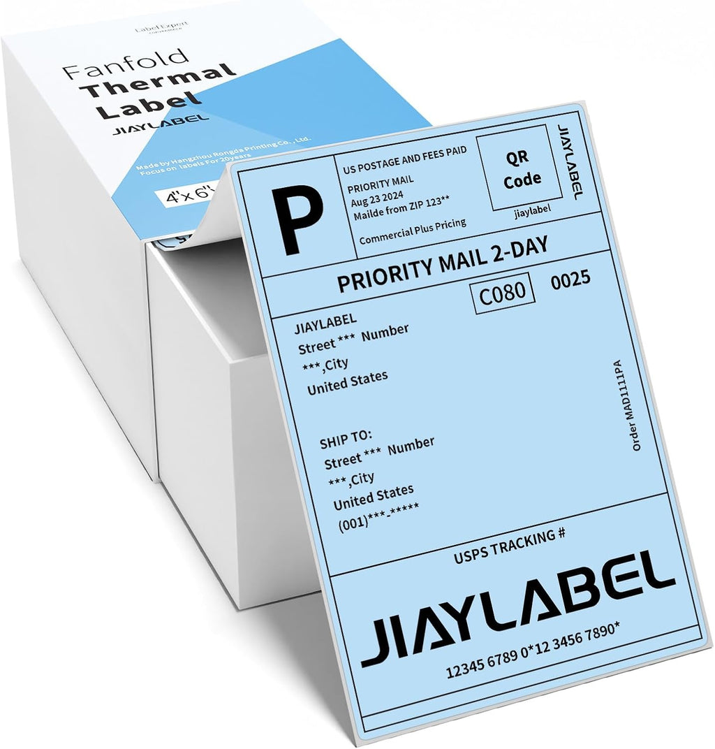 4x6 Thermal Shipping Label Mailing Postage Stickers Paper for Direct Thermal Label Printer USPS UPS Address Big Packing Fanfold Blue Color 500 Labels/Stack,1 Stack by JIAYLABEL