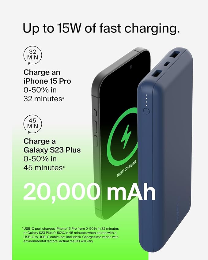 Belkin 20000mAh 15W 3 Port Power Bank, USB A to USB C Cable Included | Fast Charging, iPhone 17, Samsung Galaxy, Pixel, Airpods, iPad, Nintendo Switch 2, Battery Pack, USB C Port, USB A Port - Image 7