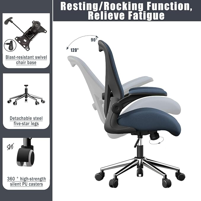 Blue Ergonomic Office Desk Chair, Soft Fabric Thickened Curved seat Cushion with Adjustable Lumbar Support, Perfect Blend of Comfort and Good Looks, Ideal Chair for Home or Office, Navy Blue - Image 6