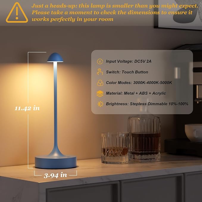 Kakanuo Rechargeable Cordless Table Lamp, Battery Operated Lamps, 3-Color Stepless Dimming, Portable Wireless Desk Lamp, LED Lighting for Dining Room, Restaurant, Office, Bar, Home(Navy 2 Pack) - Image 5