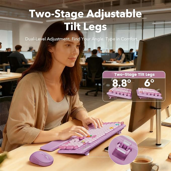 Wireless Keyboard and Mouse Combo, Round Keycaps, Full-Size Retro Typewriter Keyboard with Magnetic Wrist Rest, Tilt Legs, 2.4GHz Cordless Connection for Mac/Windows/PC, SABLUTE CK23, Lavender Purple | Full-Size Typewriter-Style Keyboard, Tilt Legs, 2.... - Image 3