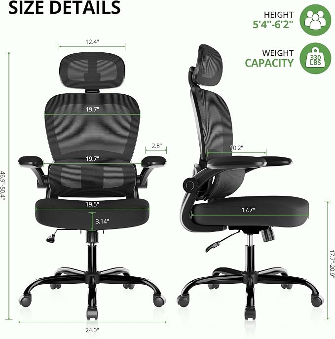 Ergonomic Office Chair 330 lb with Wheels, Lumbar Support & Headrest | Flip-Up Arms,Back Support,Gaming chairs,Breathable Mesh,2D Headrest - Image 2