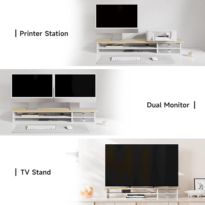 Fenge Monitor Stand, Desk Computer Riser with Frosted Storage Drawer, Oak | 42.5 Inch Dual Monitor Riser, 2 Tiers, Cable Management, Desk Shelf for 2 Monitors, Ultrawide Screen, Laptop, TV, Home Office - Image 8