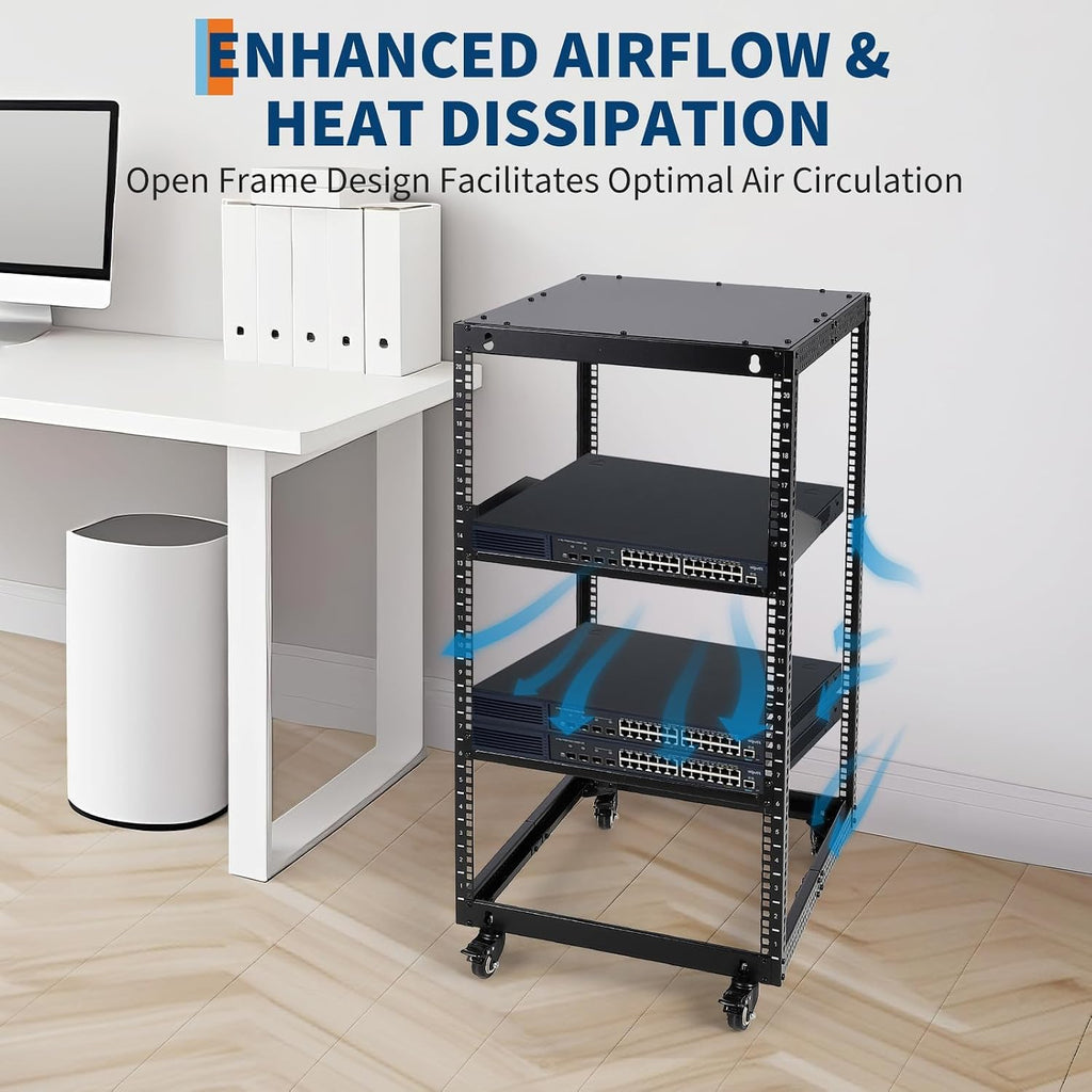 20U Open Frame Network Rack, 22"-40" Adjustable Depth, Wall Mount & Freestanding Server Rack with Lockable Casters + 2Pack 1U Shelves, Heavy Duty for IT AV Gear - Image 5