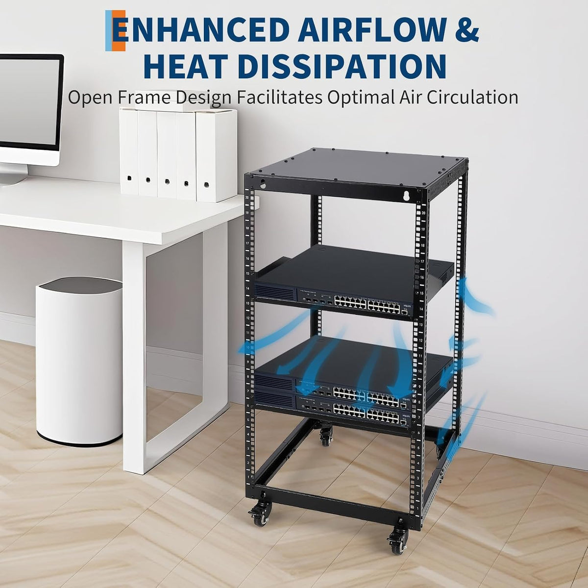 20U Open Frame Network Rack, 22"-40" Adjustable Depth, Wall Mount & Freestanding Server Rack with Lockable Casters + 2Pack 1U Shelves, Heavy Duty for IT AV Gear - Image 5
