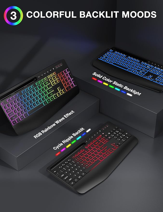 Wireless Keyboard and Mouse Combo - 9 Backlit Effects, 2.4GHz | Ergo Wrist Rest, Phone Holder, Full Size, Rechargeable, Sleep Mode, KM22 MAX Quiet Set for Computer, PC, Laptop, Mac, Windows - Image 2