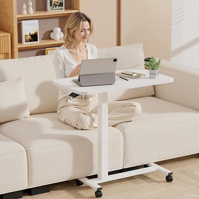 GTPLAYER Small Standing Desk with Lockable Wheels, Pneumatic Mobile Rolling Laptop Desk,Adjustable Height Overbed Bedside Table Computer Workstation for Home Office (32" W x 18" D, White) - Image 2