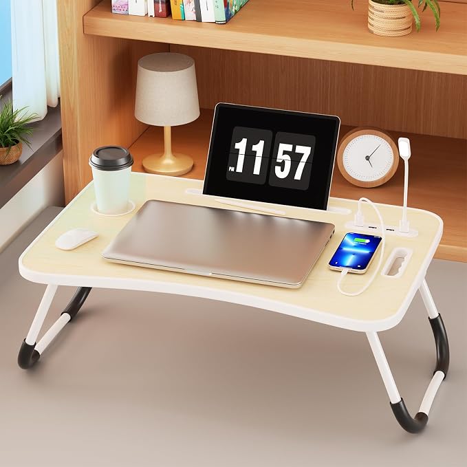 Lap Desk for Laptop Tray, Foldable Laptop Bed Desk with Storage Drawer | Bed Laptop Table for Adults with Light & Cup Holder & USB Ports, Laptop Stand for Couch Writing Reading Eating, Beige by Unknown