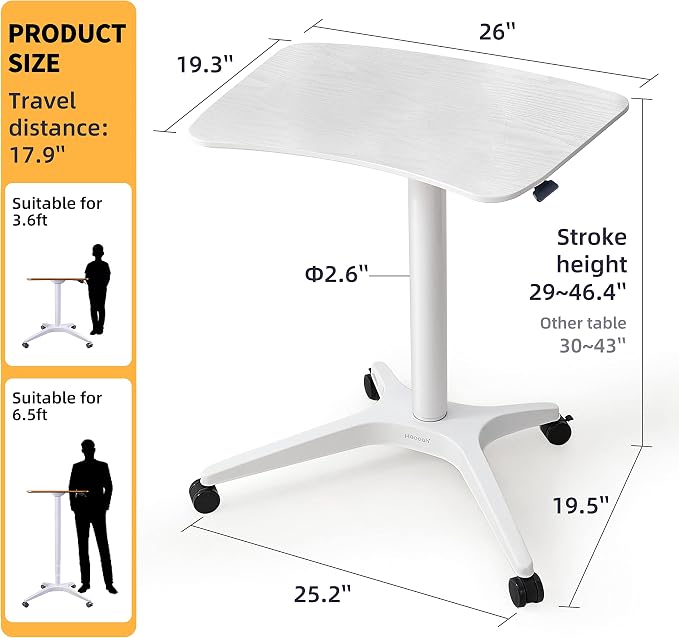 47" Mobile Standing Desk(26" W*19.3" D), Adjustable Height Laptop Desk, Pneumatic Desk with Gas Spring Riser, Podium for Home, Office，Classroom，Medical, (29" to 46.9" H) (White) - Image 3