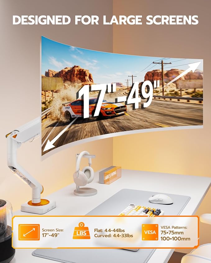 ARES WING 17-49 Inch Monitor Arm Ultrawide Single Monitor Mount, White | Heavy Duty Mechanical Spring Monitor Stand Adjustable Arms Holds up to 44lbs, 75/100 VESA Mount with Clamp/Grommet Base - Image 2