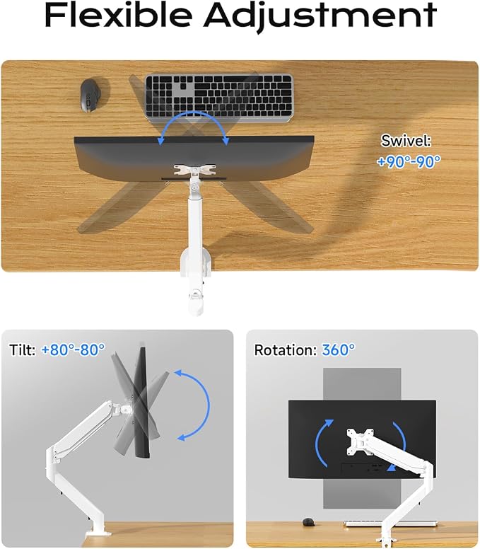 Pholiten Single Monitor Mount for up to 32 inch Screens, VESA 75/100mm | Fully Adjustable Gas Spring Monitor Arm, Computer Monitor Stand for Desk Holds up to 24lb, White - Image 5