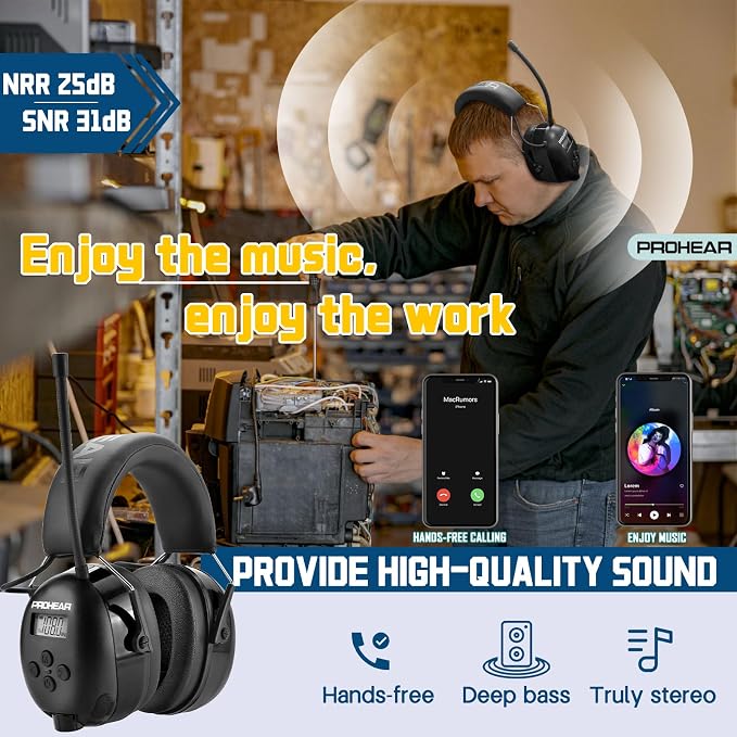 PROHEAR 033 AM FM Bluetooth 5.4 Radio Headphones - USB C Rechargeable 1500mAh Battery - Radio Headset Hearing Protection 31dB SNR - 58Hrs Playtime - Ear Protector for Mowing Lawn, Gifts for Father - Image 3