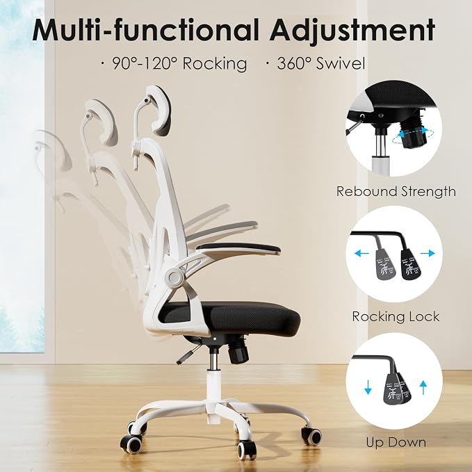 Farini Ergonomic Office Chairs with Headrest, Set of 4, White & Black | High Back Swivel Computer Chair, Adjustable Armrests and Lumbar Support,Desk Chair for Home Office Bedroom - Image 5
