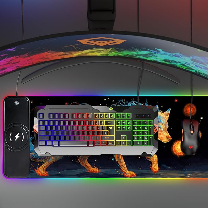 Wireless Charging RGB Gaming Mouse Pad, 31.5 x 11.8 Inch Extended Mouse Mat with Cosmic Wolf Art Design, LED Desk Pad with 7 Lighting Modes, Non-Slip Base for Gaming & Office - Image 9