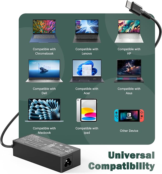 100W USB C Laptop Charger Universal Compatible with Lenovo Thinkpad Yoga Chromebook, Mac Book, HP, Dell, Acer, Asus, Samsung, Google and All USB Type C Devices, Fast Adapter Power Cord Supply - Image 4