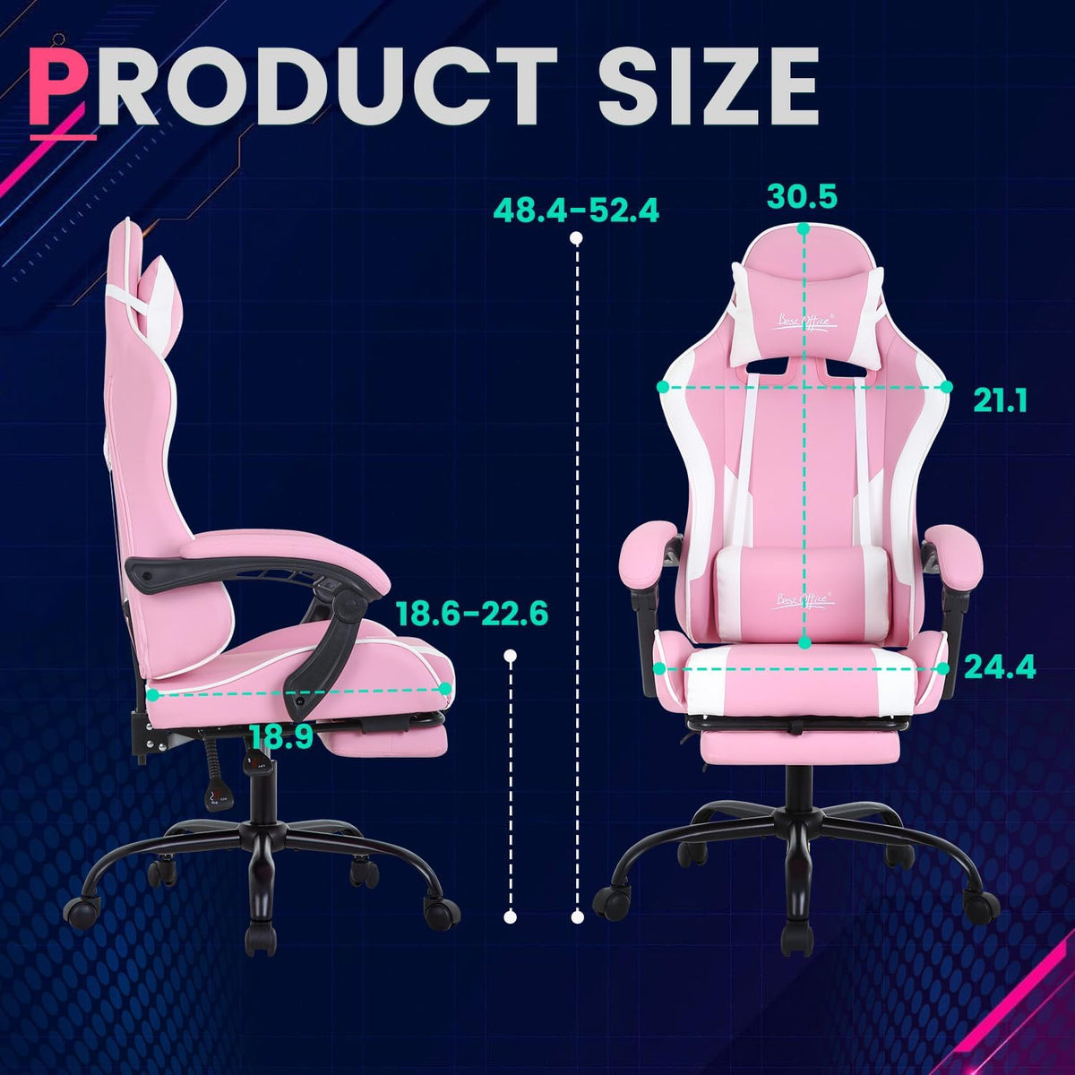 Gaming Chair Office Chair Desk Chair with Footrest Lumbar Support Headrest Armrest Task Rolling Swivel Ergonomic E-Sports Adjustable PC Gamer Chair(Pink) - Image 3