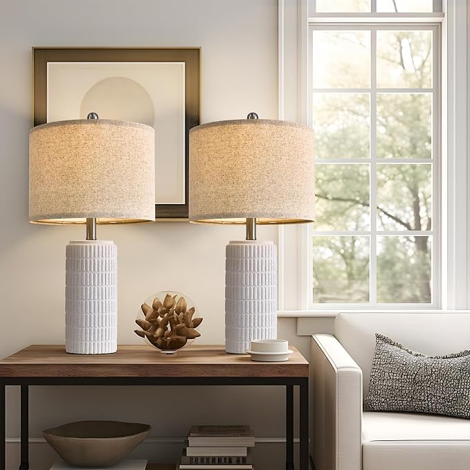 PoKat 23" Table Lamp, Farmhouse Bedside Lamps for Bedroom Set of 2, Ceramic End Table Lamps for Living Room, Traditional Nightstand Desk Lamps, Frosted White Lamps, Medium - Image 5