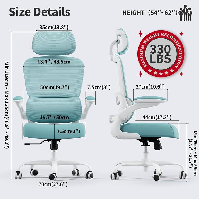 TRALT Office Chair Ergonomic Desk Chair - Gaming Chair with Lumbar Support | 330 LBS Home Office Desk Chairs with Headrest, Reading Chair with Flip-up Armrests, Comfortable Computer Chairs (1, Blue) - Image 2