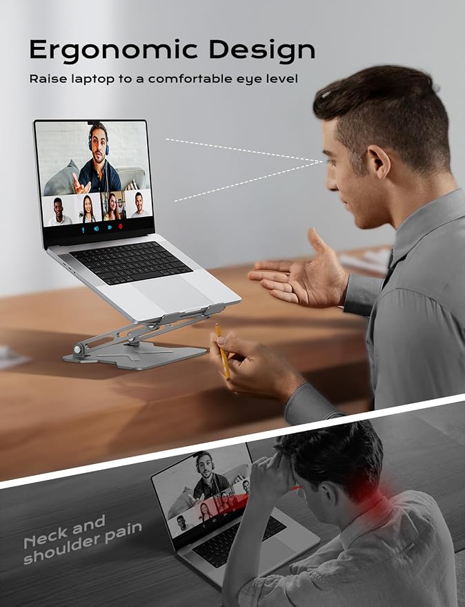 JCZT Adjustable Laptop Stand for Desk, Metal Foldable Laptop Riser, White | Ergonomic Portable Laptop Stand, Ventilated Cooling Computer Notebook Holder for MacBook Air Pro, All 10-16'' Laptops - Image 2