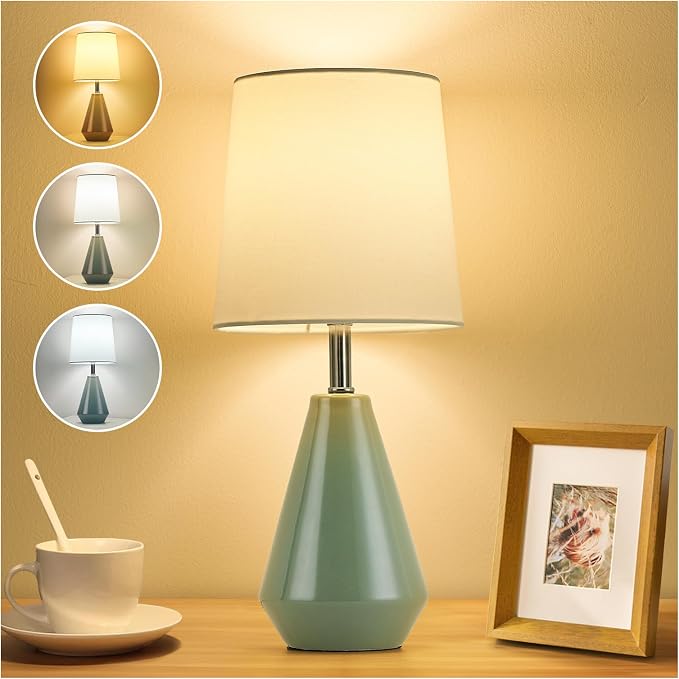 Small Bedside Table Lamp for Bedroom - Reading Desk Lamp with 3 Color Temperatures，15.5" Nightstand Ceramic Lamp with Fabric Shade for Kids Room,Living Room,Dorm,Home Office (Green+White) - Image 9