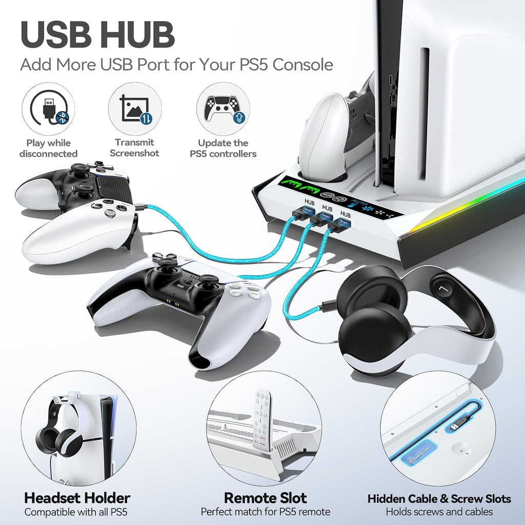 Rysker PS-5/Slim/Pro Stand for Disc & Digital Version, PS-5 Cooling Station with RGB Ambient Lighting, Controller Charger Built-in 3 Level Fan, PS-5 Cooling Stand for PlayStation 5 Case - Image 5