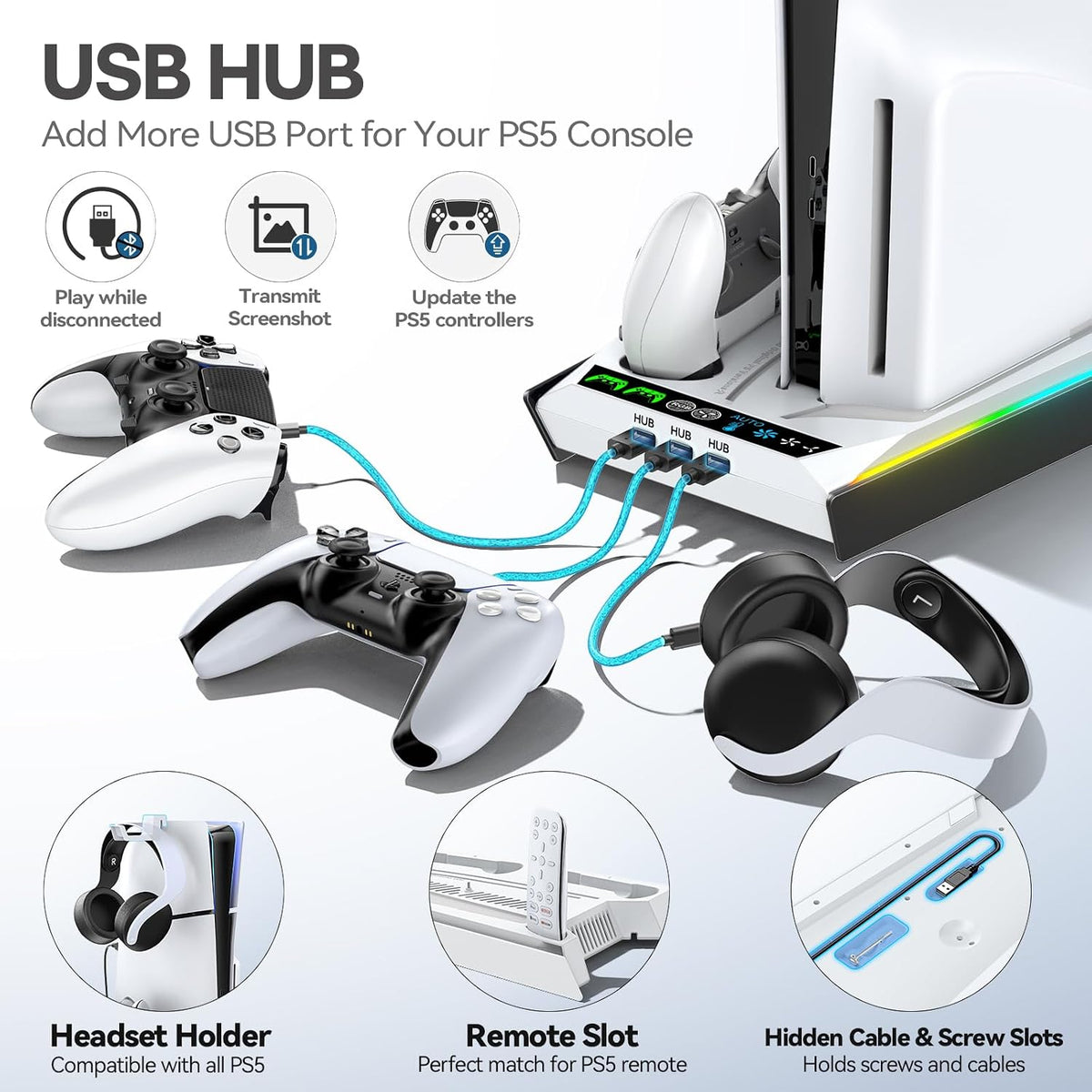 Rysker PS-5/Slim/Pro Stand for Disc & Digital Version, PS-5 Cooling Station with RGB Ambient Lighting, Controller Charger Built-in 3 Level Fan, PS-5 Cooling Stand for PlayStation 5 Case - Image 5