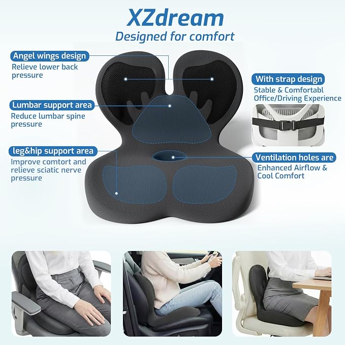 Seat Cushion with Lumbar Support Pillow,Ergonomic Chiar Cushion | Suitable for Long Sitting,Back Pressure Relief & Tailbone,Memory Foam Sciatica Pad for Office,Car, Home Chairs - Image 3