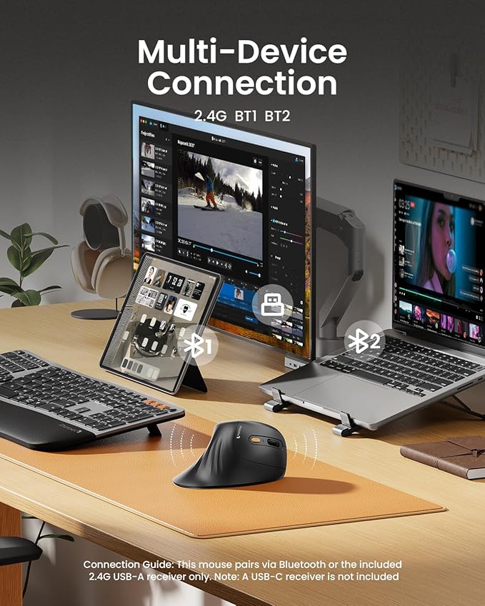 ProtoArc EM11 NL Wireless Ergonomic Vertical Mouse, Rechargeable, Black | 58° vertical design supports a natural wrist posture, connect 3 devices via Bluetooth/2.4G USB-A, 500mAh USB-C rechargeable. - Image 3