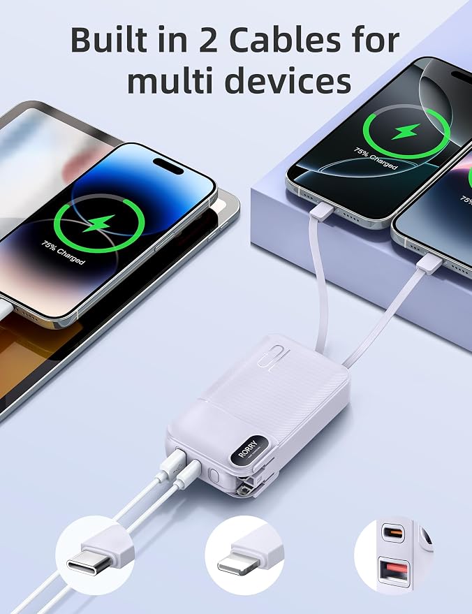 RORRY Portable Charger w/Wall Plug 10000mAh Power Bank 22.5W Battery Pack | Built in Cables, Fast Charging, for iPhone, iPad, Samsung Galaxy, Pixel, LG, Travel Essential, Digital Display, Pocket Size - Image 4