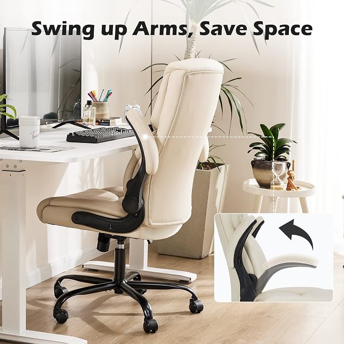 OLIXIS PU Leather Desk Chair, Ergonomic Office Chair, Flip-up Armrest | High Back, Swivel Rolling Wheels, Heavy Duty, 275lbs,Comfortable,Executive, White - Image 5